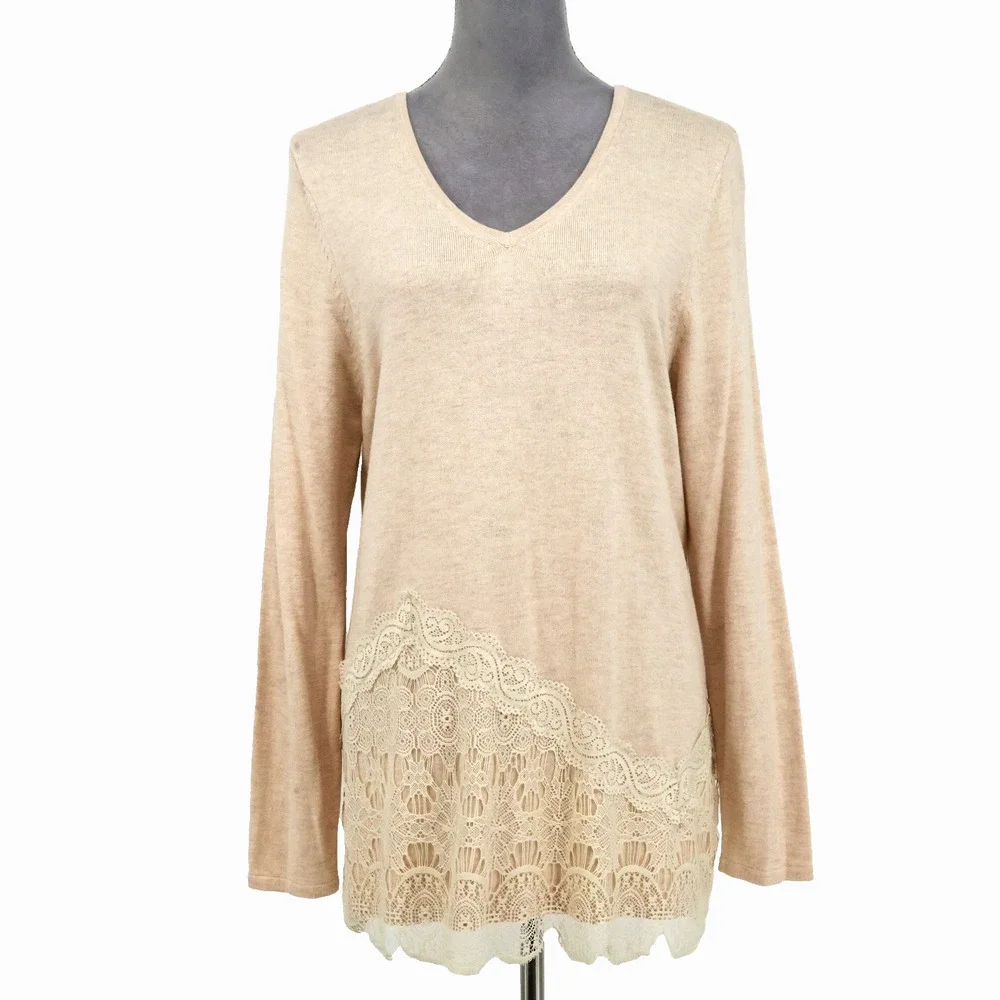 Chicos Sweater 2 Womens Large Beige Tan Cotton Blend Lace Hem Pullover Coastal
